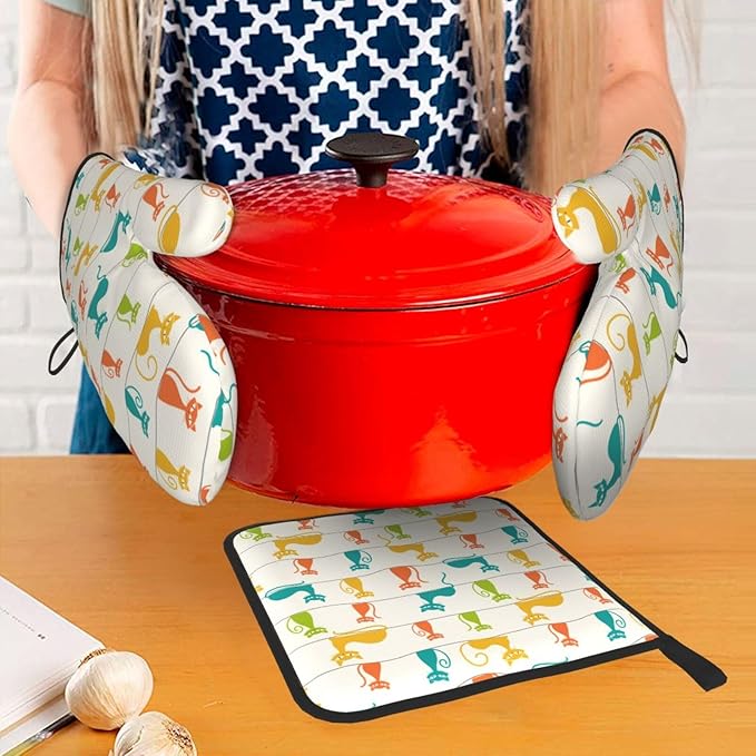 Mid Century Modern Cats Oven Mitts and Pot Holders Set Heat Resistant Cute Oven Gloves for BBQ Baking Grilling Cooks Kitchen Decor 3 Piece