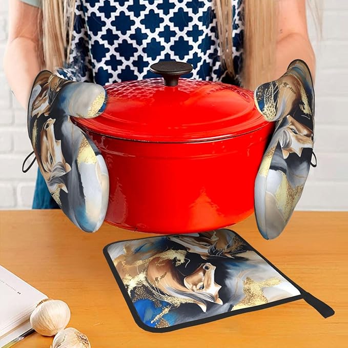 Horse Oven Mitts and Pot Holders Sets of 3 Modern Kitchen Decor Heat Resistant Hot Pads Funny Oven Gloves for Cooking Grilling Baking