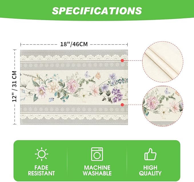 Artoid Mode Grey Printed Lace Floral Spring Placemats Set of 4, 12x18 Inch Seasonal Summer Holiday Table Mats for Party Kitchen Dining Decoration