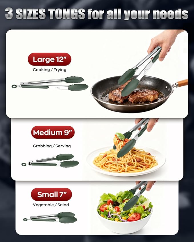 600ºF Heat Resistant Kitchen Tongs, Premium Locking Cooking Tongs with Silicone Tips, Non-Slip Food Tongs for Cooking, Non-Stick, Heavy Duty Stainless Steel Handle, Set of 3-7" 9" and 12" Turquoise