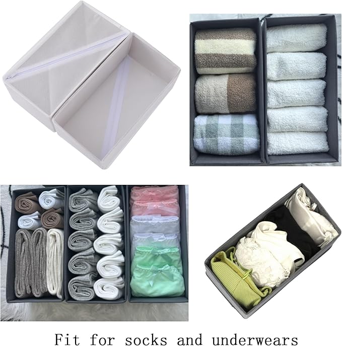 Bructhun Sock Drawer Organizer 3 Pack - Collapsible Fabric Storage Bins for Underwear Divider, Small Closet Organizers with 3 Compartments, Raw White