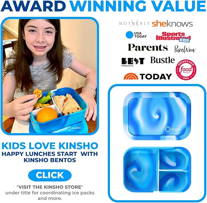 kinsho Silicone Bento Box Lunch Box For Kids Toddlers Teens, Reuseable Eco Snack And Meal Container For School Daycare Or Travel, 5 Cup /40 Oz Large Capacity, Blue