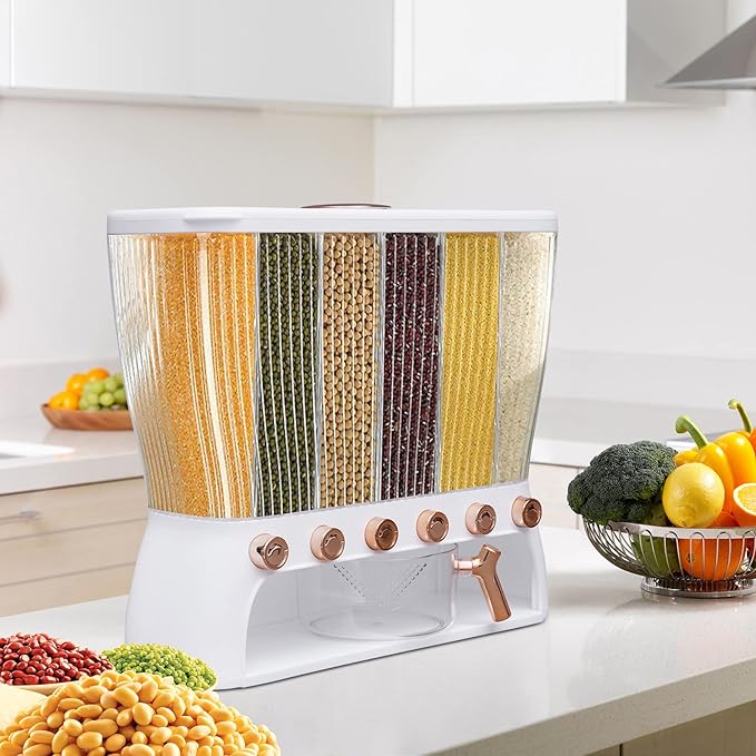6 Grids Grain Dispenser Can, Cereal Rice & Grain Storage Container 6 Grid Beans Dispenser with Measuring Cup Wall mounted Dry Food Grain Dispenser for Grains Rice Dry Food Beans (White and Gold)