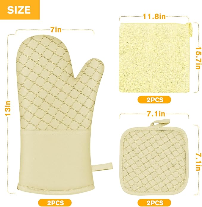 6 Pcs Oven Mitts and Pot Holders, 500℉ Heat Resistant Oven Mitts with Kitchen Towels Soft Cotton Lining and Non-Slip Silicone Surface Safe for Baking, Cooking, BBQ (Milkshake/Beige)