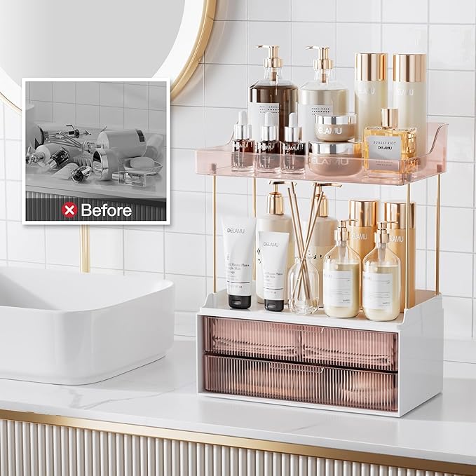 Delamu Bathroom Organizers and Storage, 2 Tier 2 Drawer Makeup Organizer Countertop, Easy to Install, Ideal for Bathroom Counter, Vanity, Ideal for Women Girls, Grapefruit