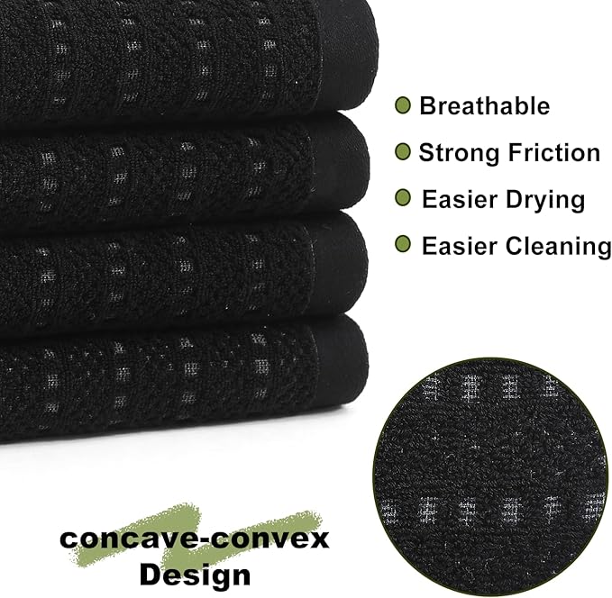 SALAS Kitchen Dish Towels, Bulk Cotton Kitchen Hand Towels, 390 GMS Plaid Dish Cloths Rags for Drying Dishes with Hanging Loop, 16‘’ x 26‘’, 3 Packs, Black