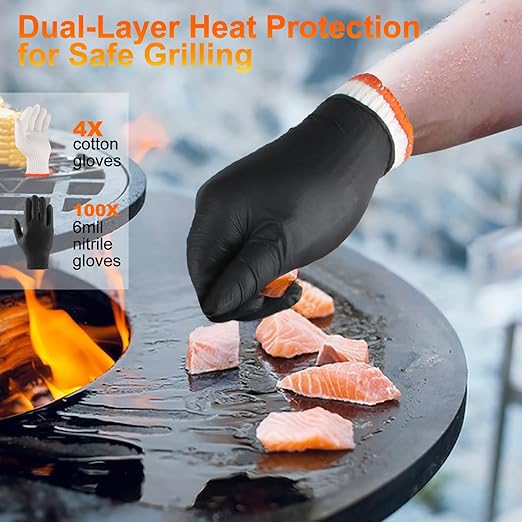 ANBOSON BBQ Gloves for Cooking Baking Grilling, 100 Count Disposable Nitrile Gloves and 4 Count Cotton Glove Liners Washable (6mil Nitrile, Large)