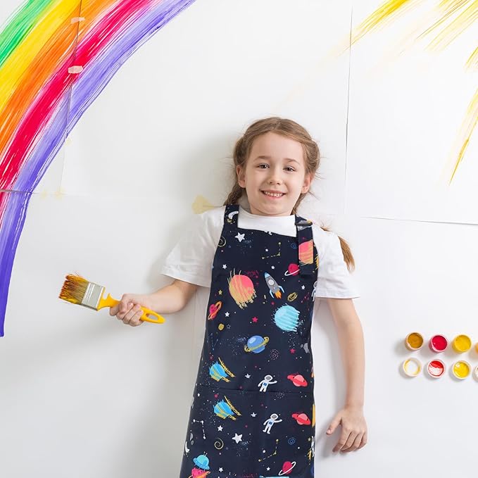 2 Pack Kids Apron, Cute Cooking Aprons, Waterproof Art Apron with Pockets, Toddler Painting Artist Apron Adjustable