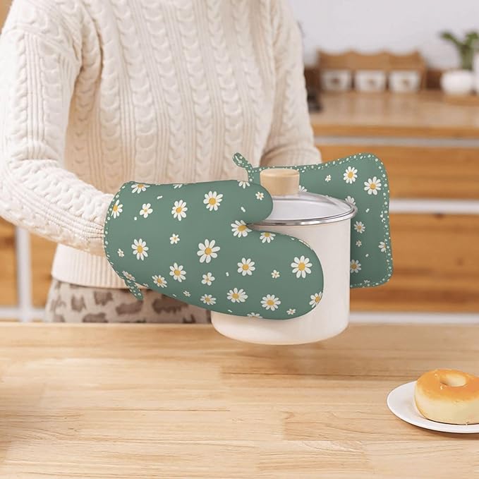 Oven Mitts and Pot Holders Daisy Flower Green Silicone Kitchen Accessories Set of 2 Heat Resistant Long Gloves Potholder Non-Slip Grip for Chef Cooking Baking Grilling BBQ