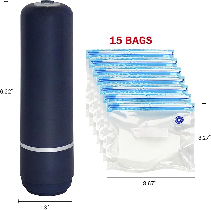 Portable food vacuum sealer,Premium Vacuum Sealer for Food, Compact Food Storage System, 15 Reusable Sous Vide Bags,Handheld Vacuum Sealer for Kitchen, Home, BBQ, Travel& Storage