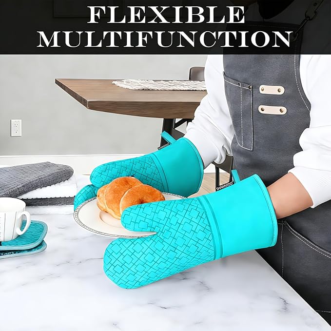 Oven Mitts and Pot Holders Sets 6pcs, Kitchen Oven Glove,High Heat Resistant 550 Degree Extra Long Oven Mitts and Potholders with Non-Slip Silicone Surface for Home Essentials (Grey) (Ice Blue)