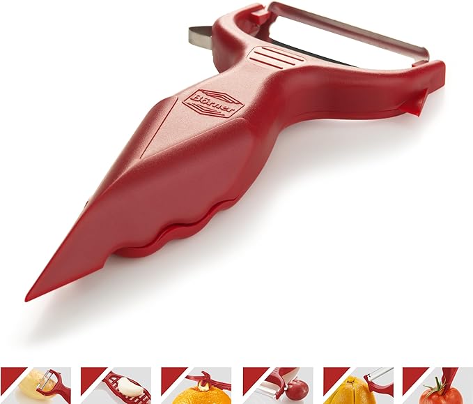 Borner 6-in-1 Fruit and Vegetable Peeler with Stainless Steel Double-Edged Blade, Multi function with Corer, Potato Eye Remover and Mini Grater, Made in Germany, Red