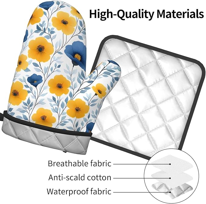 Yellow Blue Floral Oven Mitts & Pot Holders Sets of 3, Boho Blue and Yellow Flowers Heat Resistant Kitchen Hot Pads and Mitts for Cooking Baking Grilling, Gift for Floral - Loving Women, Home Decor