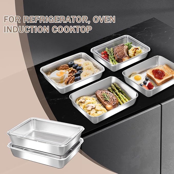 6-Pack Stainless Steel Food Storage Containers with ClearLids - Stackable Metal Meal Prep Boxes for Lunches, Leftovers & Kitchen Organization, BPA-Free & Dishwasher Safe(73oz/10X7.68X2.1)