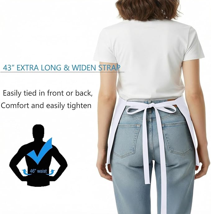 BOHARERS Waist Apron with 3 Pockets - White Waitress Waiter Server Short Apron