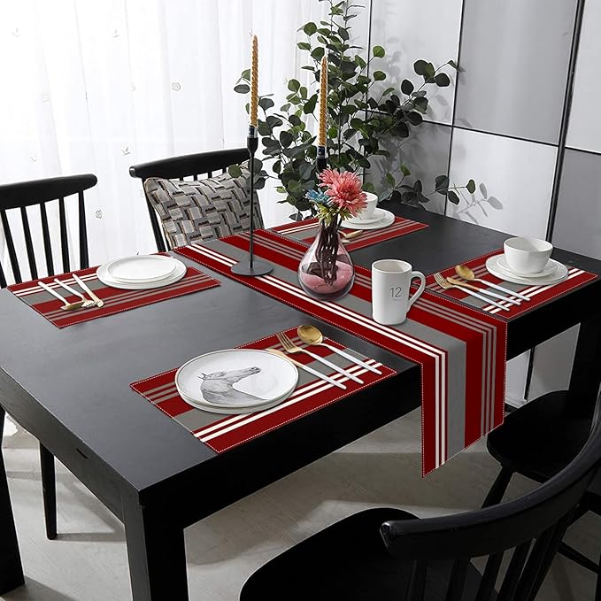 ArtSocket Burgundy Table Runner and Placemats Set of 6, Red Stripes Colorful Grey Line Vintage Abstract Art Dining Decor for Daily Use(1 Table Runner 72 inches Long and 6 Placemats)