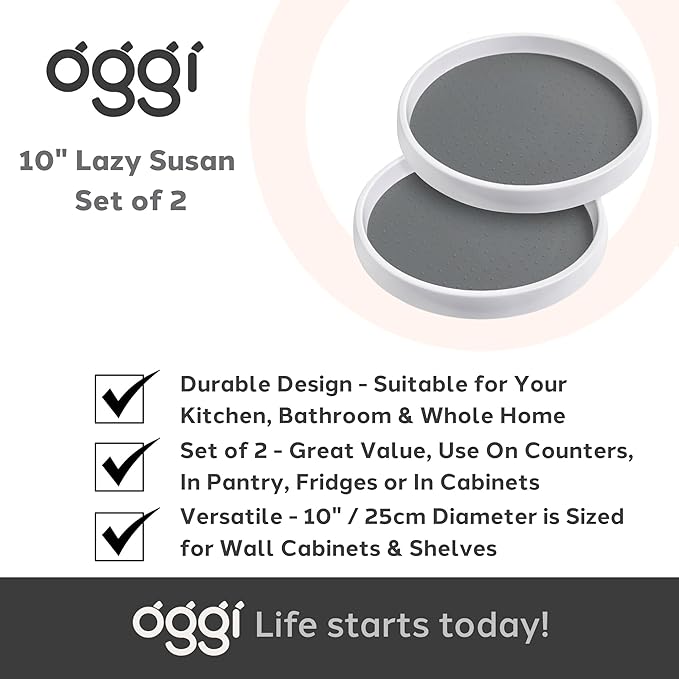 OGGI Set of 2 Lazy Susan Organizers 10"- for Kitchen, Pantry, Cabinet Organizing & Storage. Ideal as Rotating Spice Racks & Pantry Organizers - White/Taupe