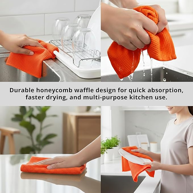 PurpleEssences Waffle Weave Kitchen Towel, 100% Cotton - 15x25 Inches with Hanging Loop, Ultra Soft Absorbent Quick Drying Dish Cloth, Tea and Hand Towels, 6 Pack - Spring Easter Summer - Orange