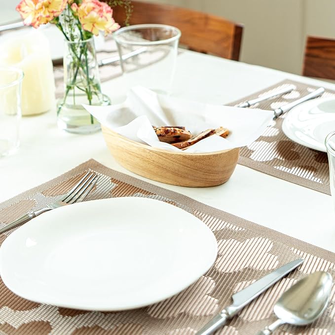 Placemats Set of 12 Vinyl/Plastic Woven Place Mats for Kitchen Table Indoor/Outdoor Washable Placemat Wipeable Dining Table Mats (Dark Brown Clover,12)