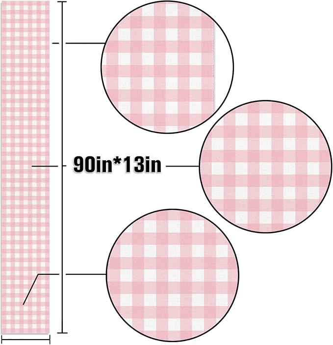 Pink Gingham Party Supplies Light Pink and White Checkered Table Runner Easter Baby Shower BBQ Picnic Home Kitchen Island Decor (Pink, 13" x 90")