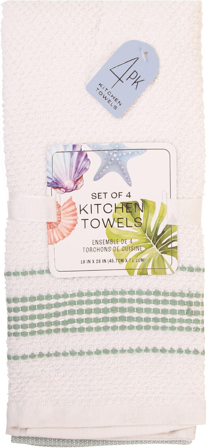 MosJos Kitchen Towels, Cotton Hand Towels White & Turquoise Mini Weaved Stitched Design 4 Pack Absorbent Hand Drying Cloths, 18 x 28 Kitchen Linens