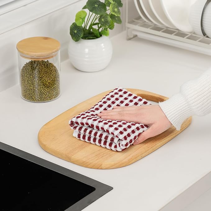 SALAS Cotton Dish Towels Cloths for Kitchen Drying Dishes, Lattice Terry Towels, Absorbent Kitchen Cloths with Hanging Loop, 16‘’ x 26‘’, 8 Packs, Wine Red