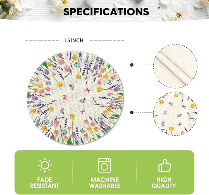 Artoid Mode Lavender Tulip Spring Round Placemats Set of 4, 14 Inch Seasonal Summer Rustic Vintage Table Mats for Party Kitchen Dining Decoration