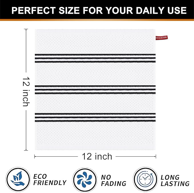 Mordimy 100% Cotton Waffle Weave Dish Cloths, 12 x 12 Inches, Super Soft and Absorbent Quick Drying Dish Rags for Kitchen, 6-Pack, White & Black Stripe