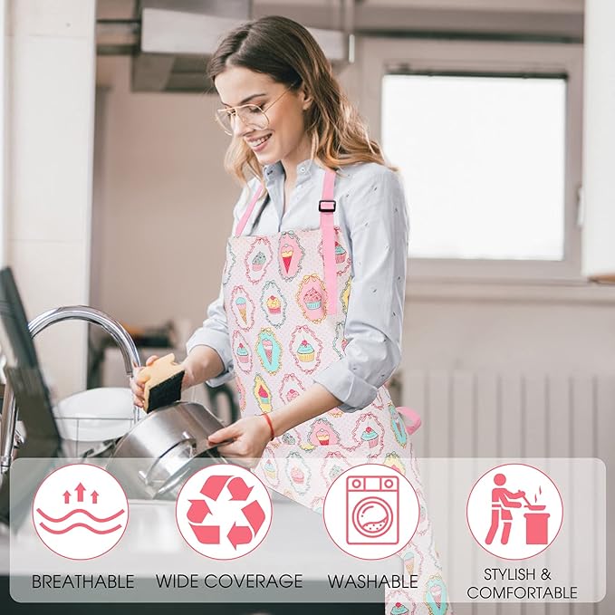 Cute Apron with 2 Pockets for Women, Adjustable Neck Strap and Long Waist Ties Cotton Cooking Baking Aprons, Use as a Kitchen and Chef Apron, Artist or Garden Aprons (Cupcake)