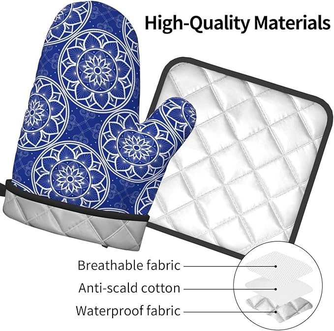 Chinoiserie Blue and White Floral Oven Mitts and Pot Holders Sets of 3, Heat Resistant Non-Slip Boho Kitchen Gloves for Baking Cooking Grilling, Navy Blue Hot Pads for Kitchen Decor, Gifts for Women