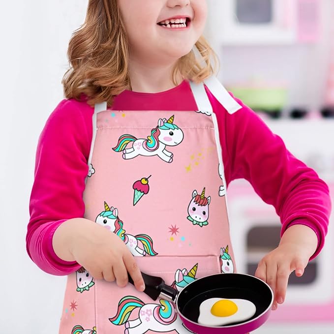 RosieLily Kids Apron for Girls Unicorn Pink Apron Toddler Painting Cooking Baking Little Girls Children Youth Apron Cute (Unicorn)