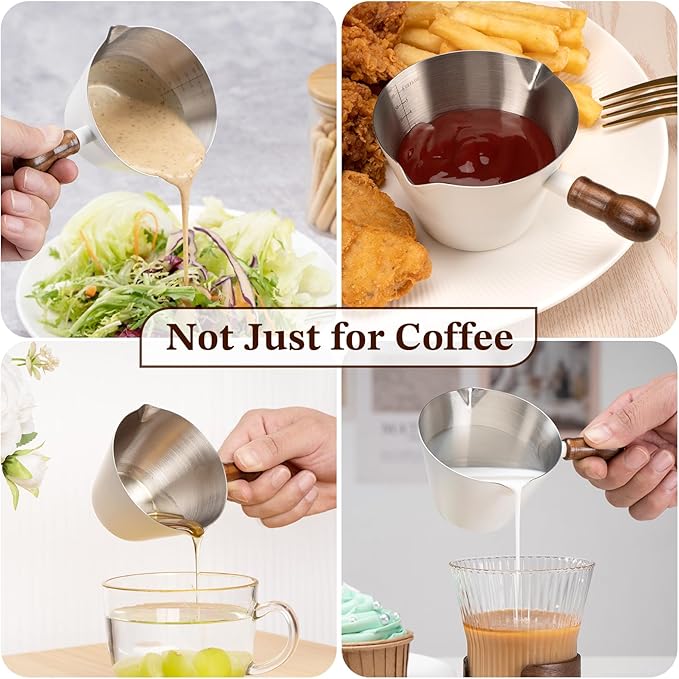 Amrules Espresso Cup, 6.8 oz/200 ml Stainless Steel Coffee Shot Measuring Cup with Wood Handle, Double V-Shaped Mouth and Clear Scale for Cappuccino Barista Coffee Bar Accessories, White