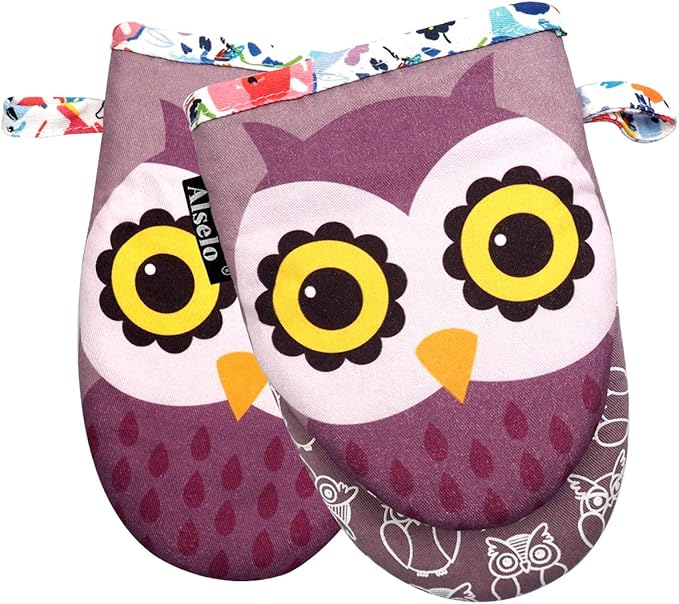 Alselo Mini Oven Mitts,2pk - Silicone Little Kitchen Gloves, Heat Resistant with Non-Slip Grip and Soft Quilted Cotton Lining for Safe Backing Cooking Barbecue (Purple, 2)