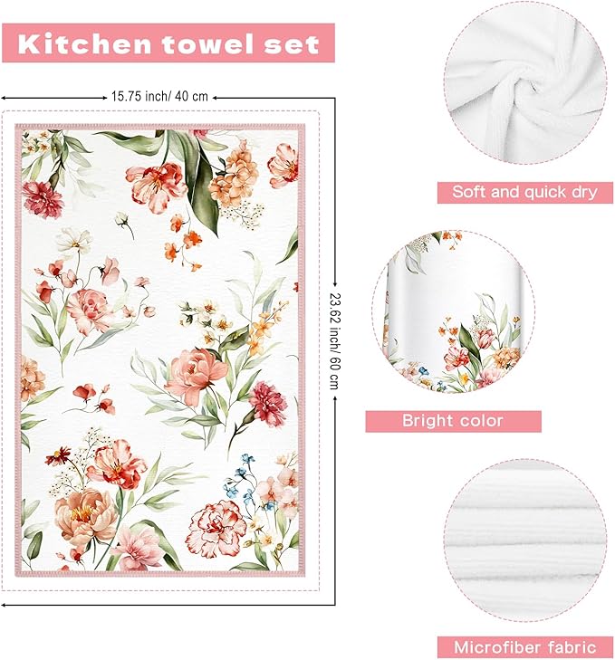Watercolor Flowers Microfiber Kitchen Towels, Soft Absorbent Pink Floral Hand Towel 15.7 × 23.6 Inch, Thick Dish Cloth for Party Anniversary Holiday Decoration, Housewarming Gifts for Mom