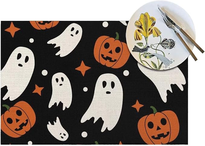 Halloween Orange Pumpkin Placemats 12x18 Inch Set of 4, Black and White Ghost Table Place Mat Autumn Cute Lantern Face Washable Table Mats Decorative Linen Fabric Table Mat for Dining Table