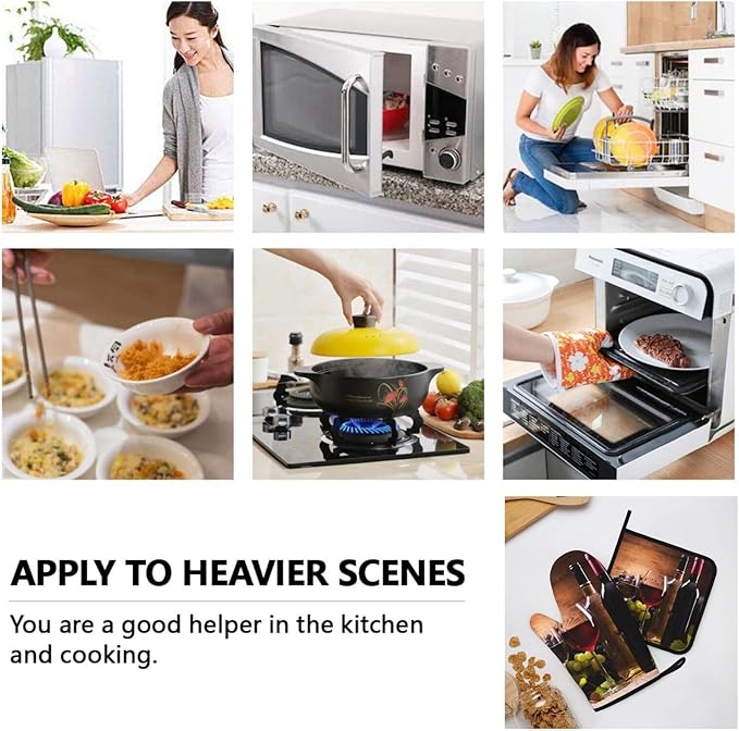 Wine Grapes Wooden Vintage Oven Mitts and Pot Holders Sets of 4, Heat Resistant Silicone Oven Mittens and Potholders Gloves Hot Pads for Kitchen Cooking Baking Grilling BBQ Chef
