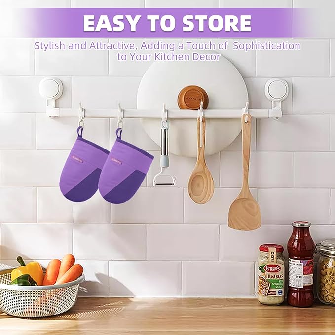 Mini Oven Mitts, Kitchen Oven Gloves Kitchen Mittens 500 Degrees Heat Resistant Baking Gloves, Non-Slip Silicone Surface with Hanging Loops Hot Gloves for Cooking, Baking, BBQ 1 Pair-Purple
