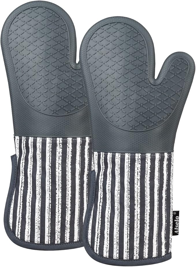 Alselo Silicone Oven Mitts Heat Resistant 932℉ with Waterproof & Non-Slip Kitchen Mittens, Set of 2 Extra Long Oven Gloves with Soft Cotton Terry Lining for Baking Cooking Barbecue