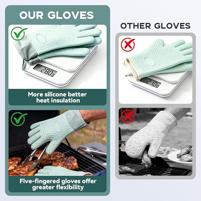 Silicone Oven Mitts Heat Resistant 450°F - Waterproof Non-Slip Kitchen Gloves with Cotton Lining, Flexible Oven Mitts for Cooking, Baking, Grilling & BBQ (Set of 2)