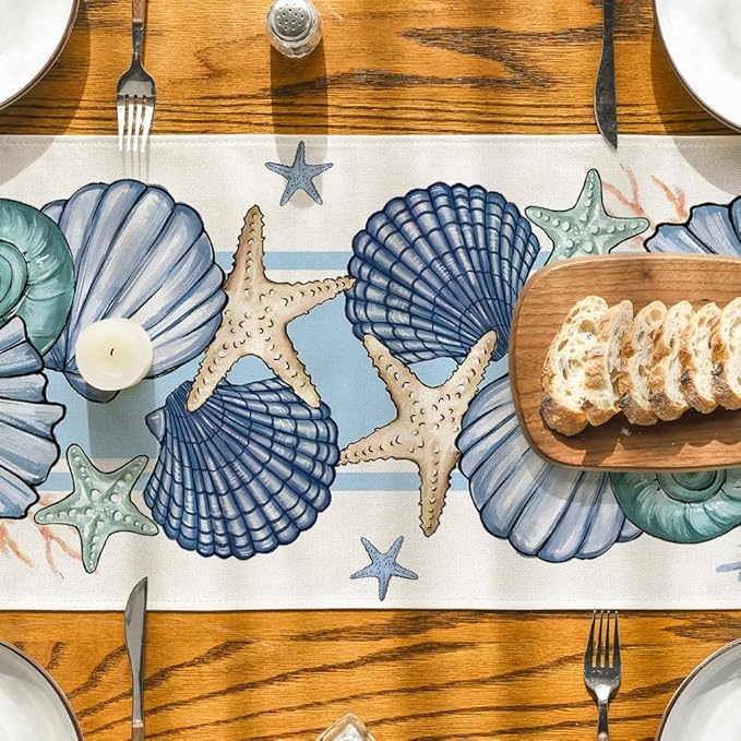 Artoid Mode Sea Shell Starfish Summer Table Runner, Seasonal Spring Ocean Kitchen Dining Table Decoration for Home Party Decor 13x60 Inch