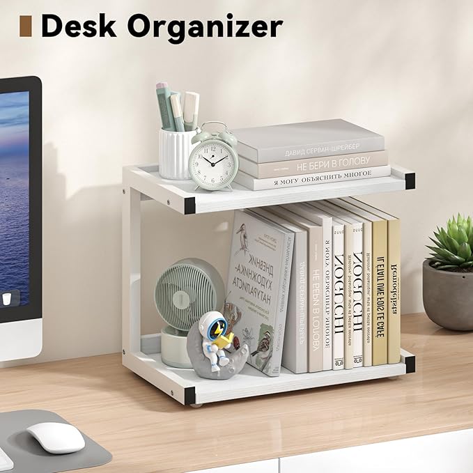 MARTY 2 Tier 12.6"x7.7" Counter Shelf Organizer Kitchen Spice Rack for Countertop, Coffee Station Organizer for Mugs Cups, Wood Shelf Desk Storage Organizer for Bathroom Home Office (White)