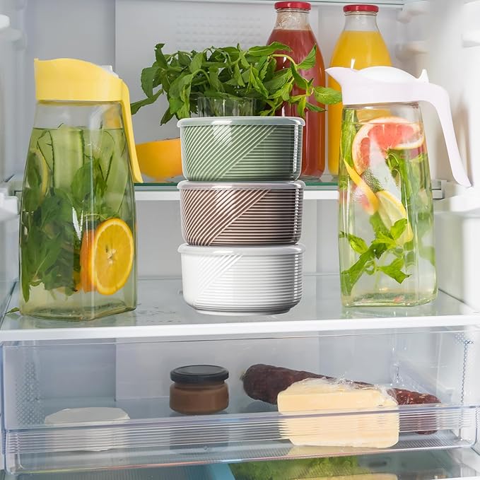 Ceramic Bowls with Lids: 20 oz Microwave Safe Food Storage Containers for Soup, Salad, Cereal, Leftovers, Meal Prep, Lunch, Picnic, Camping, Serving - Airtight, Green, Set of 6