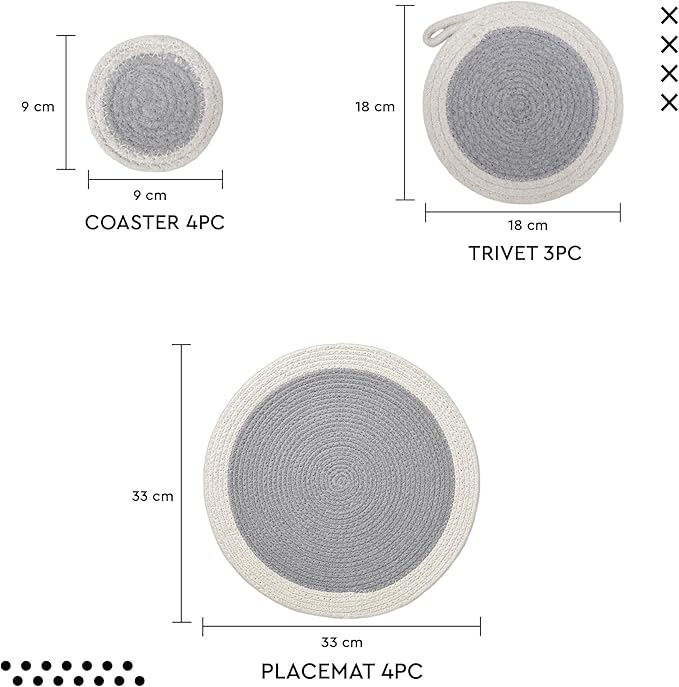 Encasa XO Cotton Dining Table Combo Set of 4 Placemats, 4 Drink Coasters, 3 Trivets | Handmade Rib Style | Grey | Absorbent & Heat Resistant