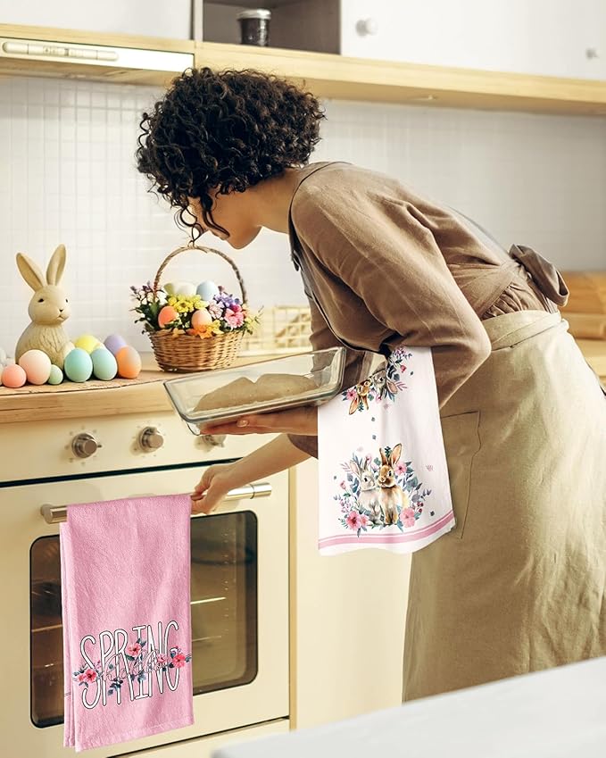 Miss Adola Easter Kitchen Towels Set of 2 - Flour Sack Tea Towels with Hanging Loop 18x26 Inch Spring Rabbit Pink Flowers Hand Dish Cloths Reusable Dishcloths Cute Easter Decor