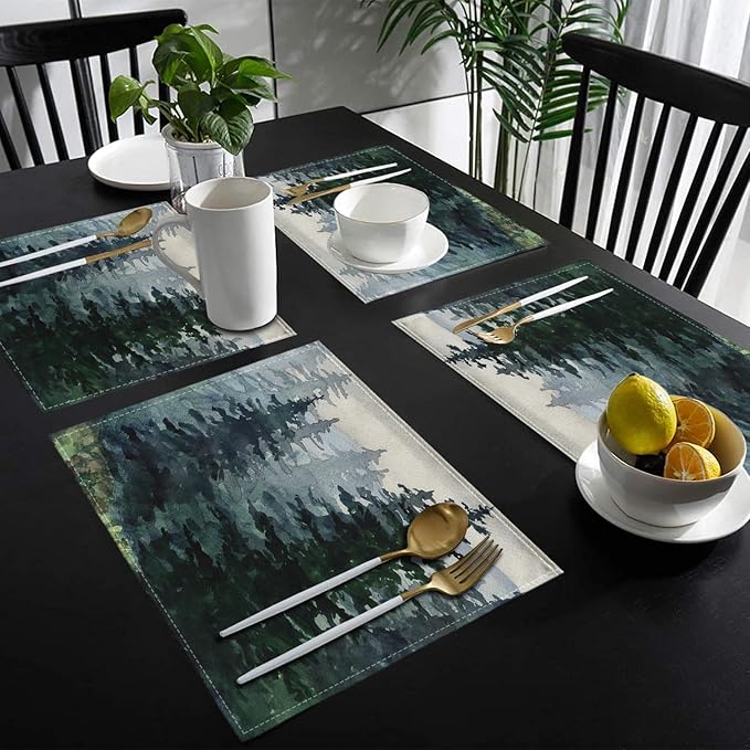 Ansouyi Placemats Set of 6, Green Watercolor Landscape Pine Forest Washable Heat Resistant Linen Table Mats, Kitchen Decor Non-Slip Place Mats for Party Dining, 12x18 Inch