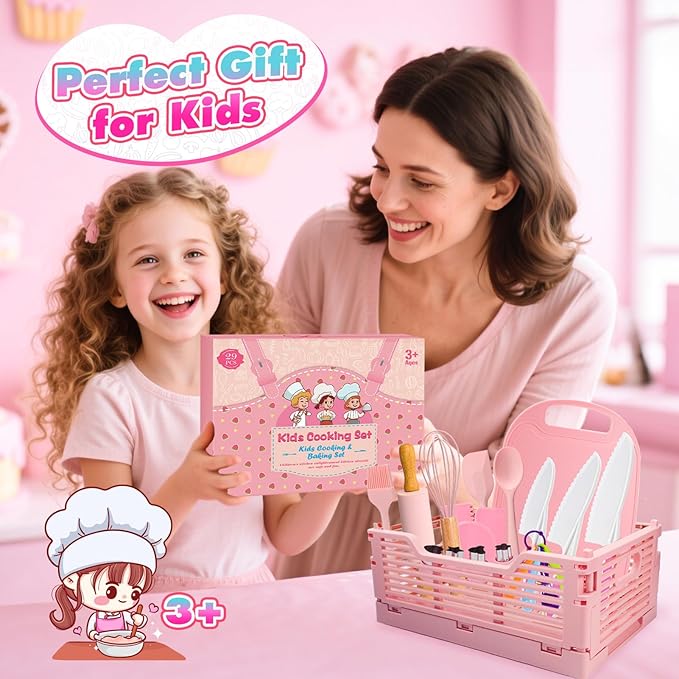 Kids Baking Cooking Set Real & Toddler Kid Apron, Kids Knife Set for Real Cooking & Basket,Food-Grade Material,Montessori Toddler Kitchen Tools, Christmas Birthday Gift for 3-10 Year Old Girls Boys