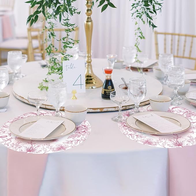 50 Pack Paper Placemats Disposable Pink Floral Placemats 13.7 Inch Vintage Chinoiserie Place Mats Decorative Round Table Mats for Dinner Table Setting Birthday Wedding Party Supplies