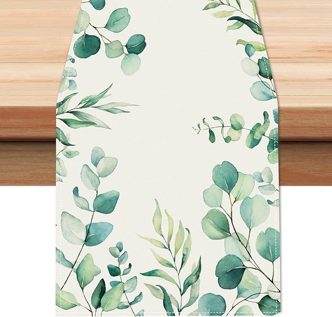 Bonhause Eucalyptus Leaves Table Runner 13x90 Inch Green Leaf Plants Spring Summer Seasonal Holiday Kitchen Dining Table Decoration for Indoor Outdoor Home Party Decor