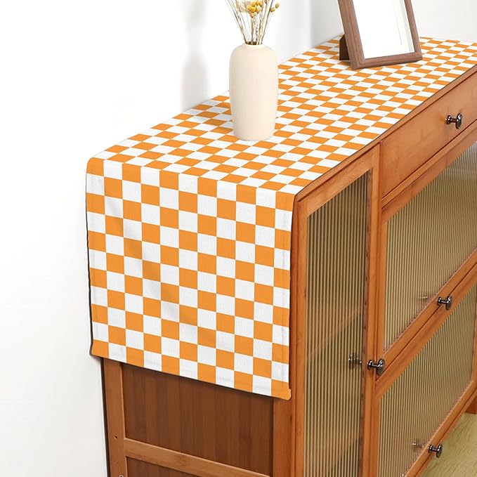 Orange Football Checkered Table Runner Tennessee Fall Thanksgiving Harvest Checkerboard Decoration for Wedding Birthday Bridal Baby Shower Home Party Kitchen Island Decor 13" x 72"