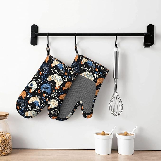 Rooster Silicone Oven Mitts Set of 2, Heat Resistant up to 500°F, Kitchen Oven Gloves with Non-Slip Grip and Soft Cotton Lining for Baking, Cooking and BBQ